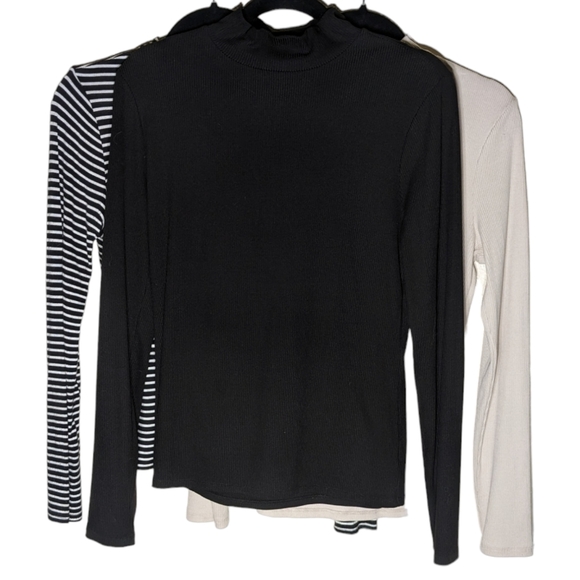 Basics Layering Mock Neck Long Sleeve Bundle with Cream, Black, & Striped Tees - Picture 1 of 6
